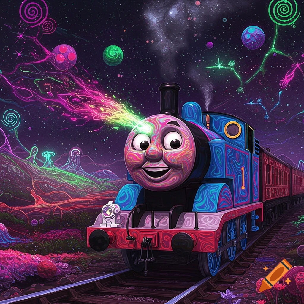 Psychedelic Thomas the Tank Engine with glowing eyes emits rainbow light in a vibrant, surreal space landscape.