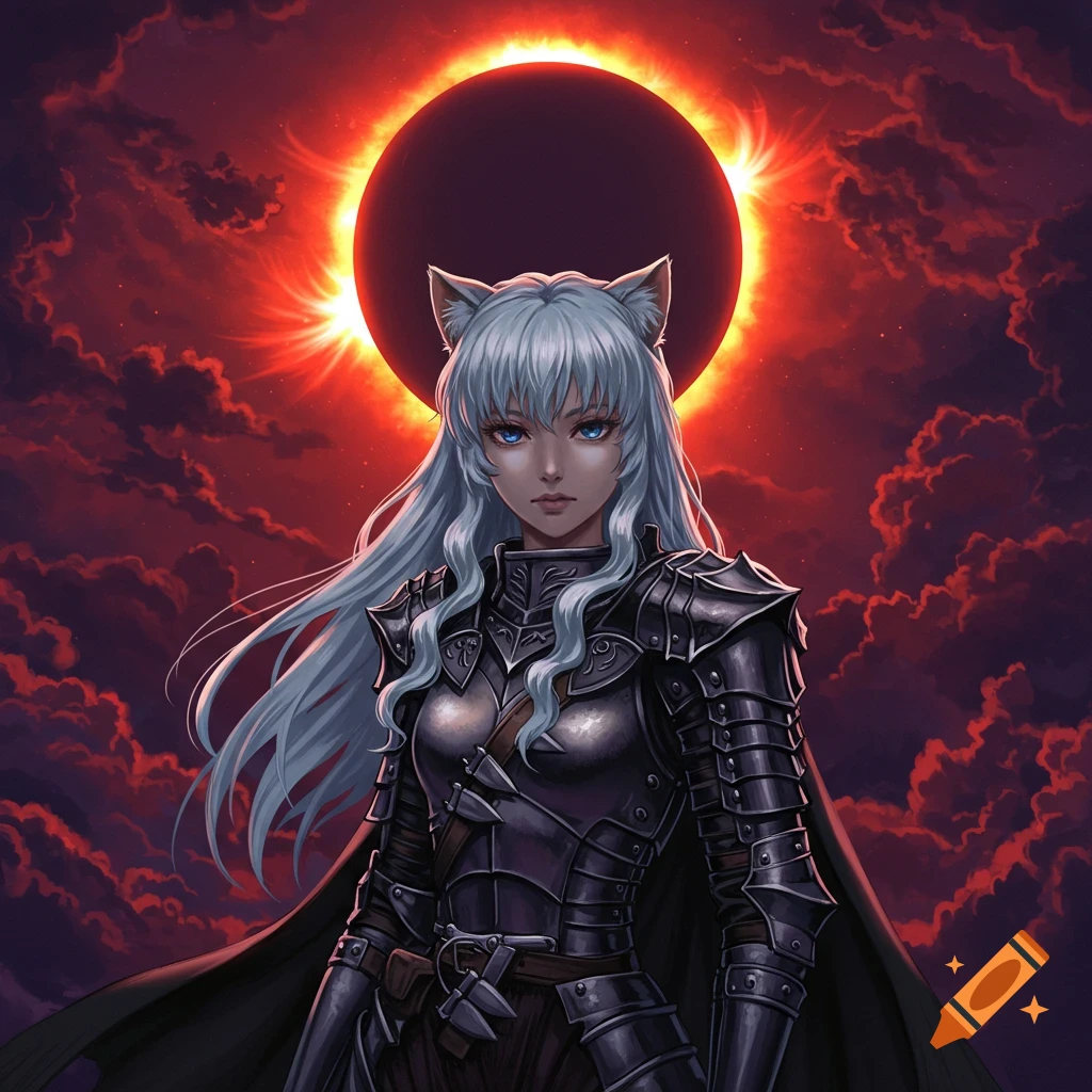 An anime catgirl warrior in dark fantasy armor stands before a dramatic red sky and a solar eclipse.
