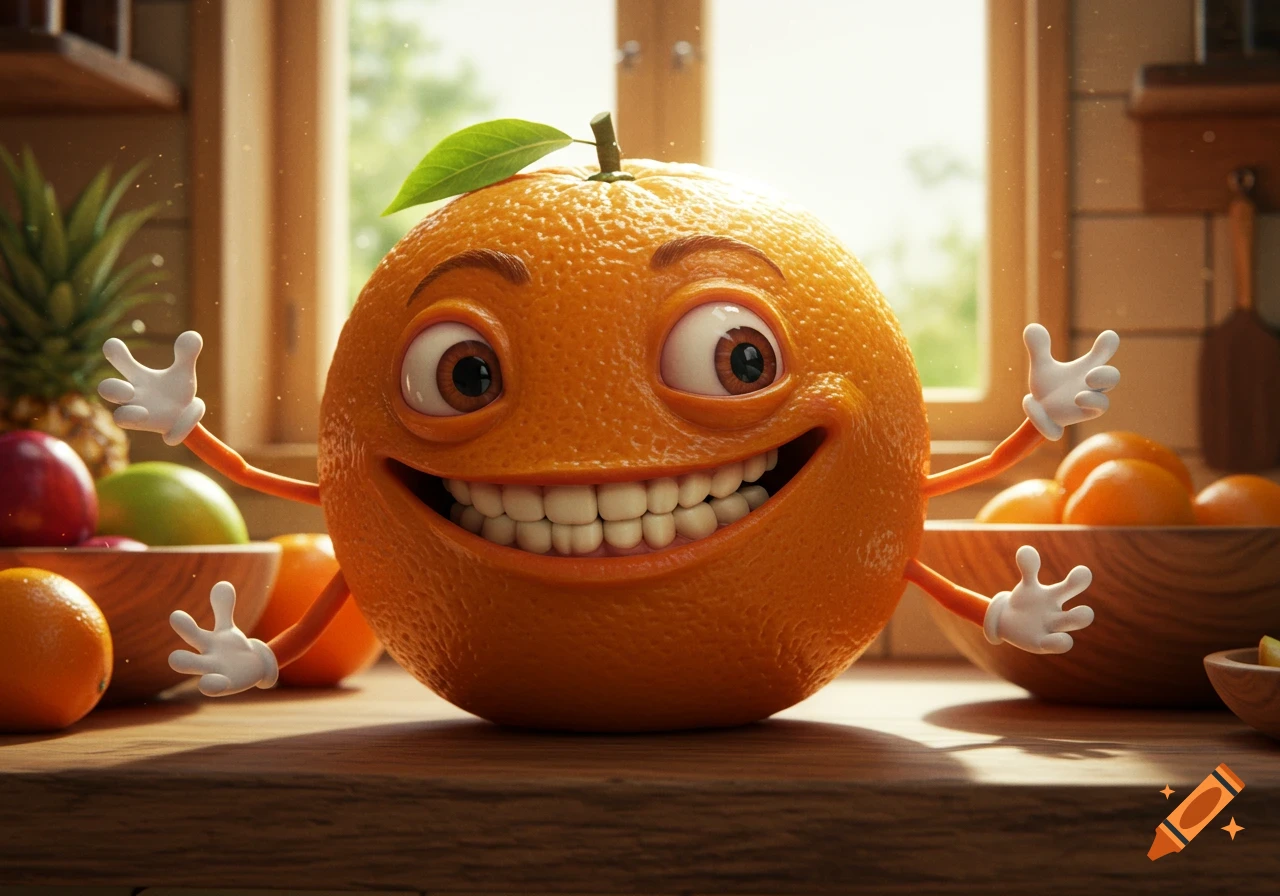 A smiling anthropomorphic orange cartoon character with eyes and arms stands on a wooden kitchen counter among other fruits.
