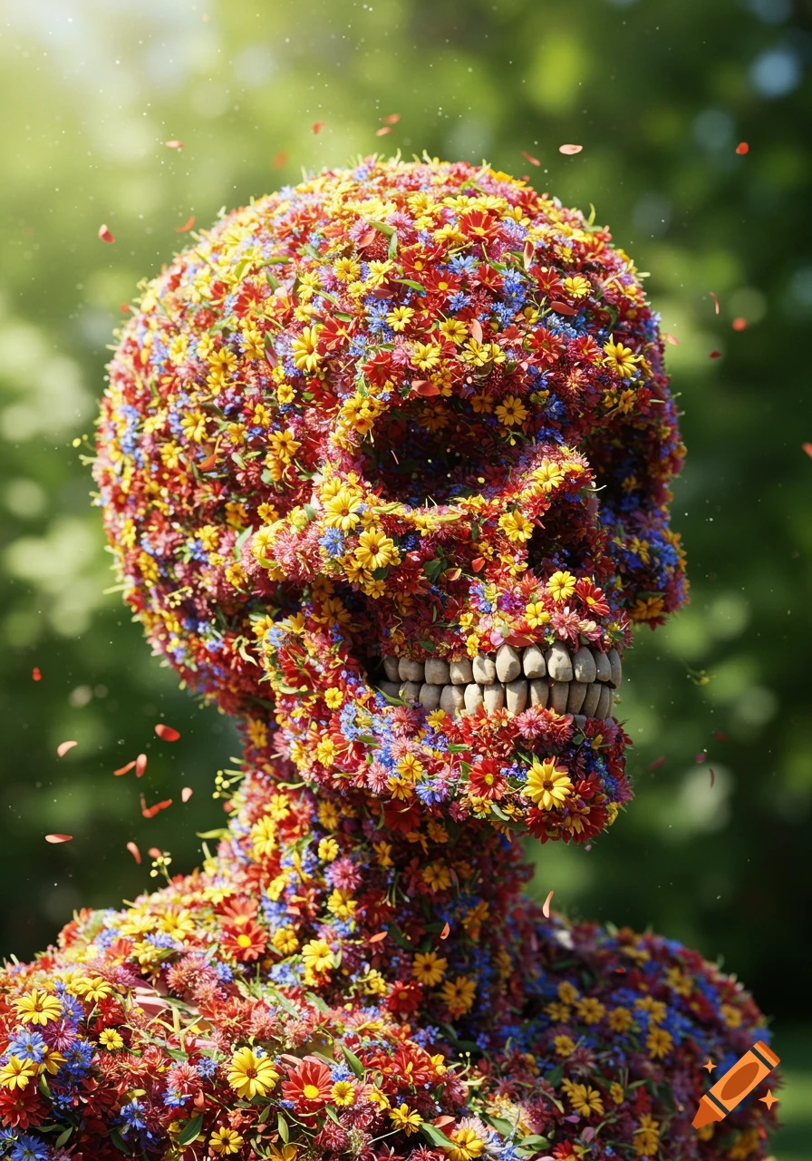 A skull sculpture intricately covered in vibrant red, yellow, and blue flowers, set against a soft green background with sunlight.