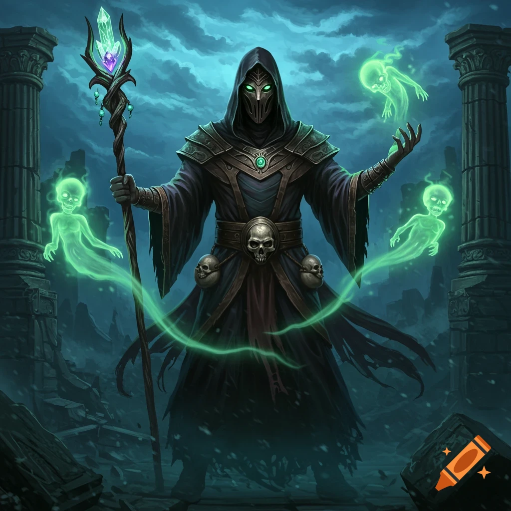 A masked mage with glowing green eyes stands amidst ruins, holding a crystal-topped staff and summoning three glowing green ghostly figures.