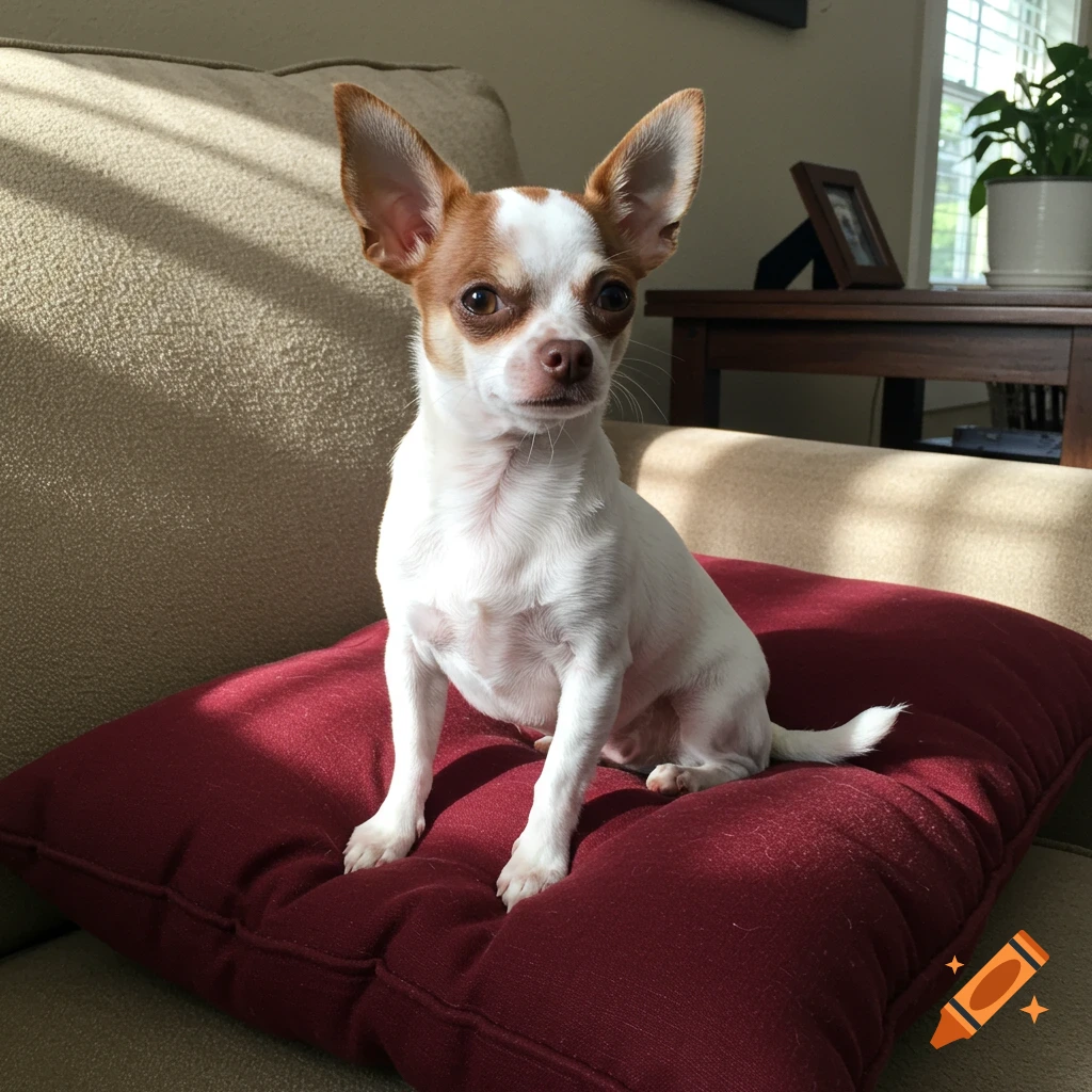 A small white and brown chihuahua dog sitting on a red pillow on a beige couch, bathed in sunlight.