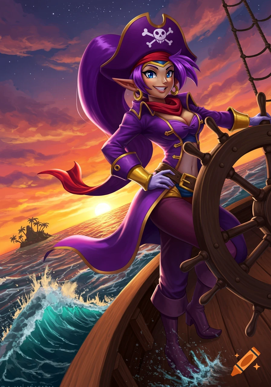 A smiling female pirate, Risky Boots, at a ship's helm, with an island and sunset in the background in a stylized art style.