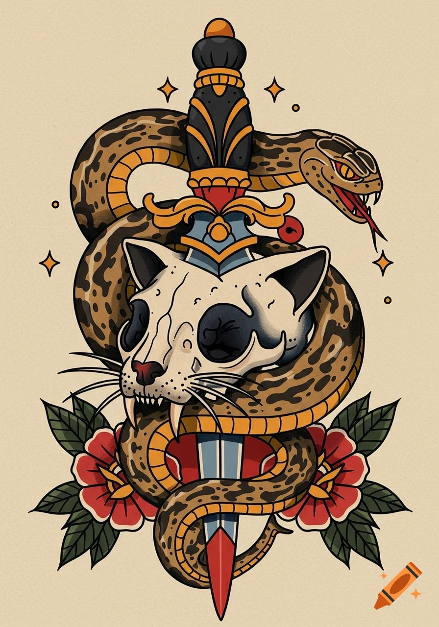 American traditional tattoo of a cat skull pierced by a dagger, with a snake coiled around it.