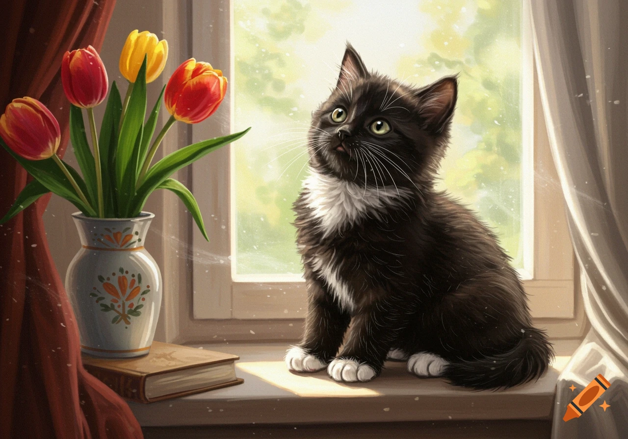 A black kitten with white paws and chest sits on a sunlit windowsill next to a vase of red and yellow tulips.