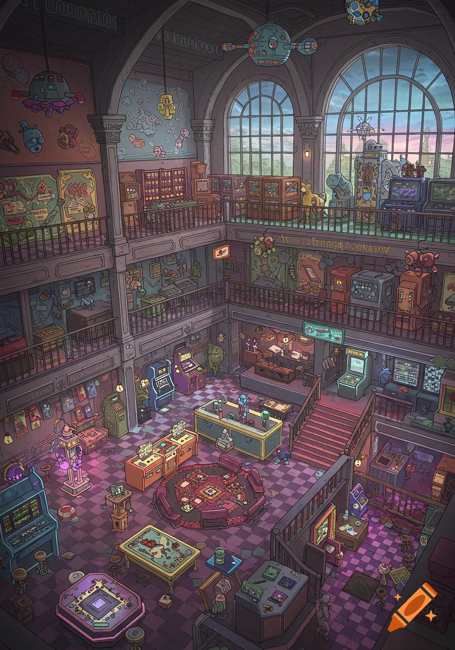 Massive multi-story arcade with many retro game machines, vibrant colors, and unique decorations in a detailed cartoon style.