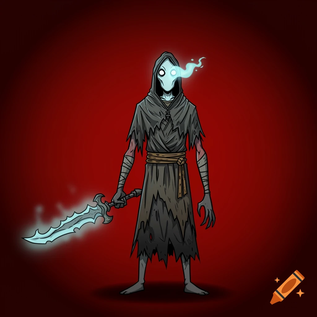 Cartoon drawing of a ghostly wraith holding a glowing sword against a red background
