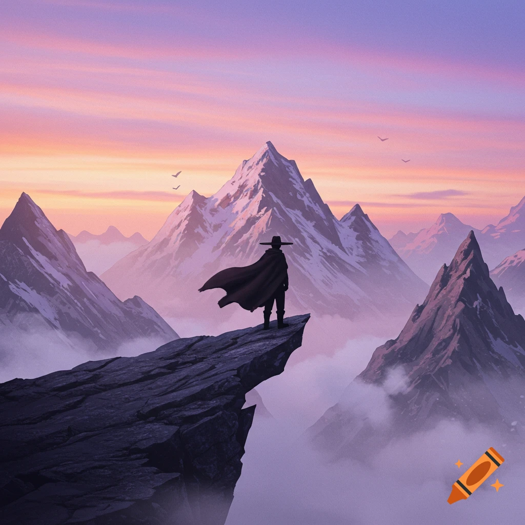 Silhouetted figure in hat and cape stands on a rocky cliff overlooking majestic mountains shrouded in mist under a colorful sky.