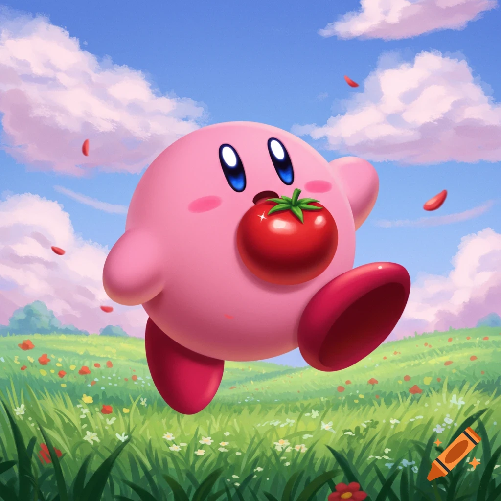 Kirby, a pink round character, holds a red tomato in its mouth while running through a vibrant green field with flowers under a blue sky.
