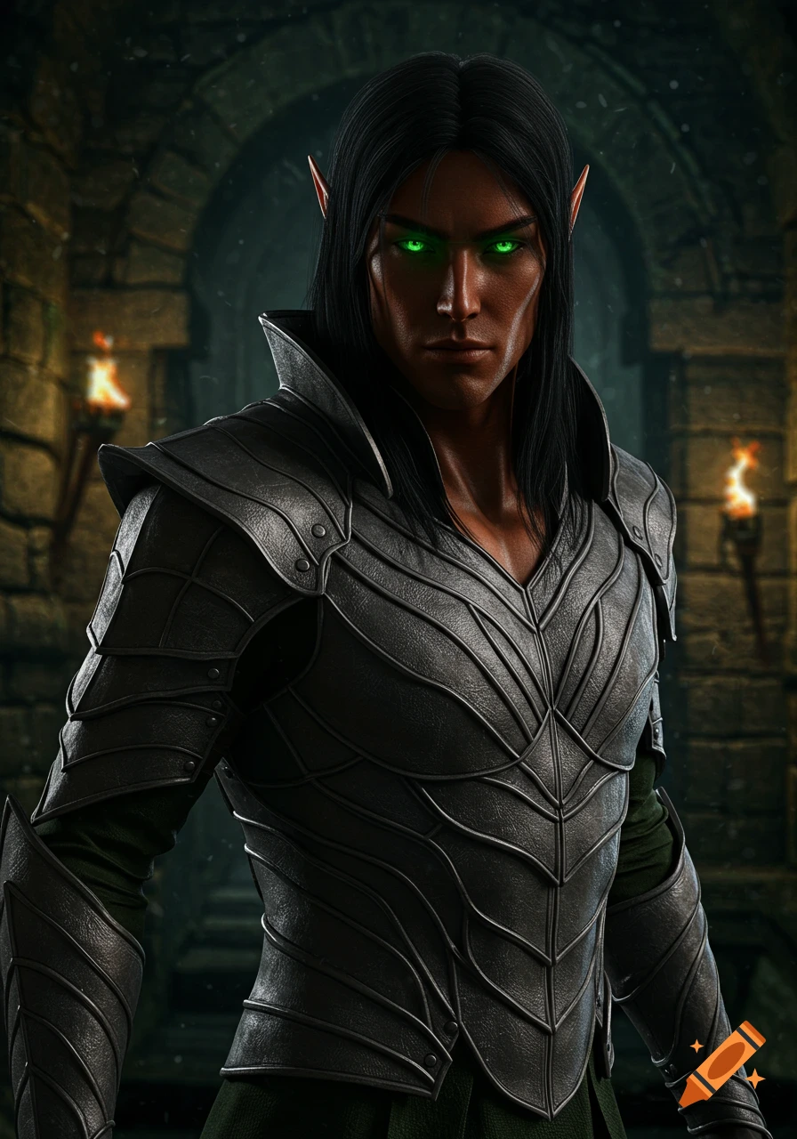 Hyperrealistic portrait of a dark-skinned male elf with black hair and glowing green eyes in grey leather armor within a dungeon.