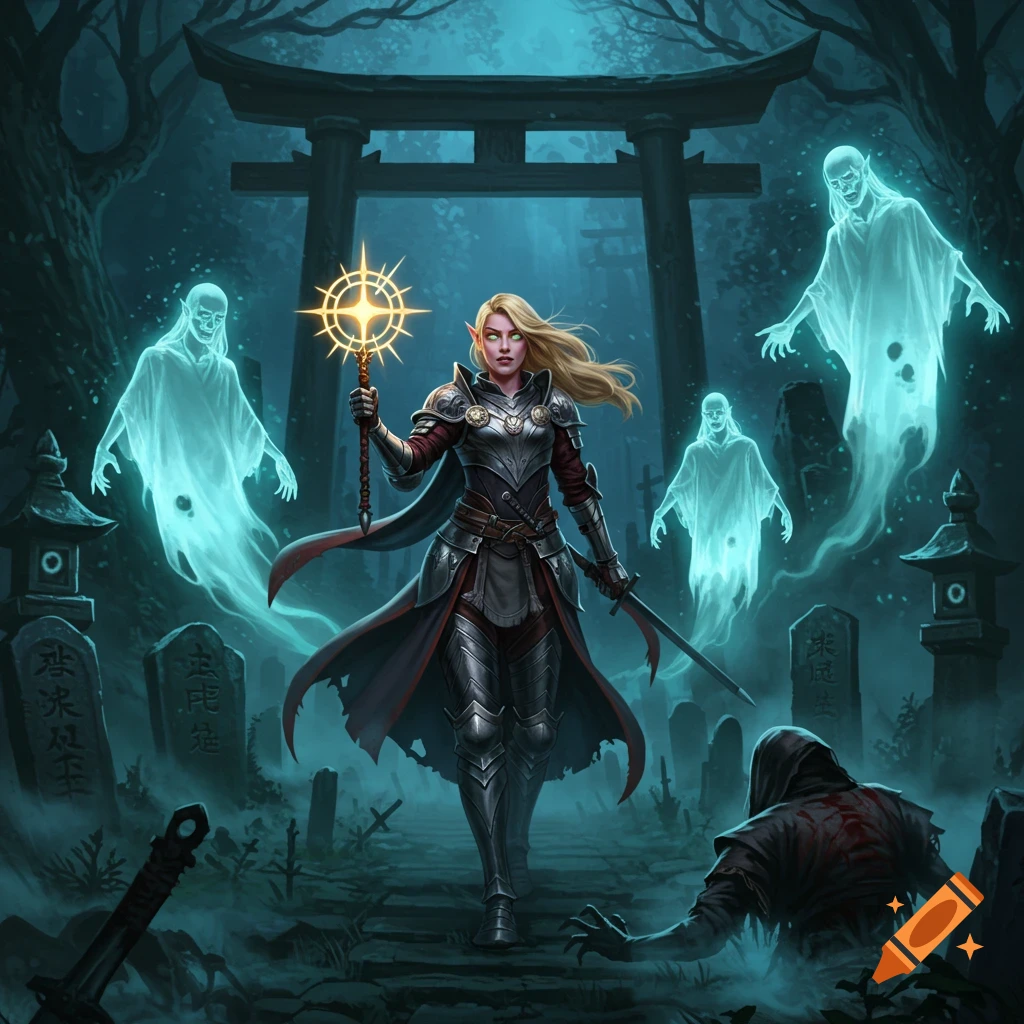 A blonde half-elf paladin in armor holds a glowing holy symbol in a dark Japanese graveyard with a torii gate and floating spirits.