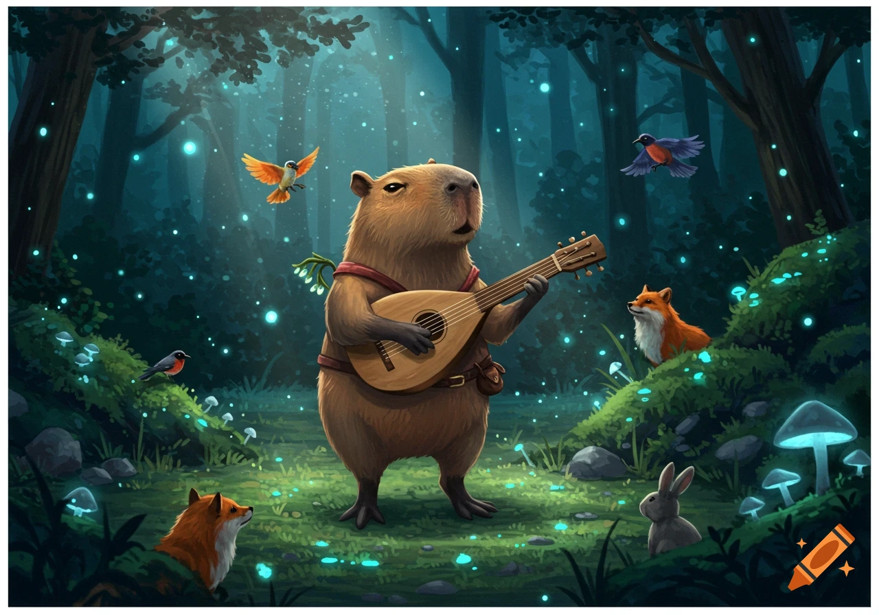 A bipedal capybara plays a lute in a whimsical, glowing forest at night, surrounded by foxes, birds, and a rabbit.
