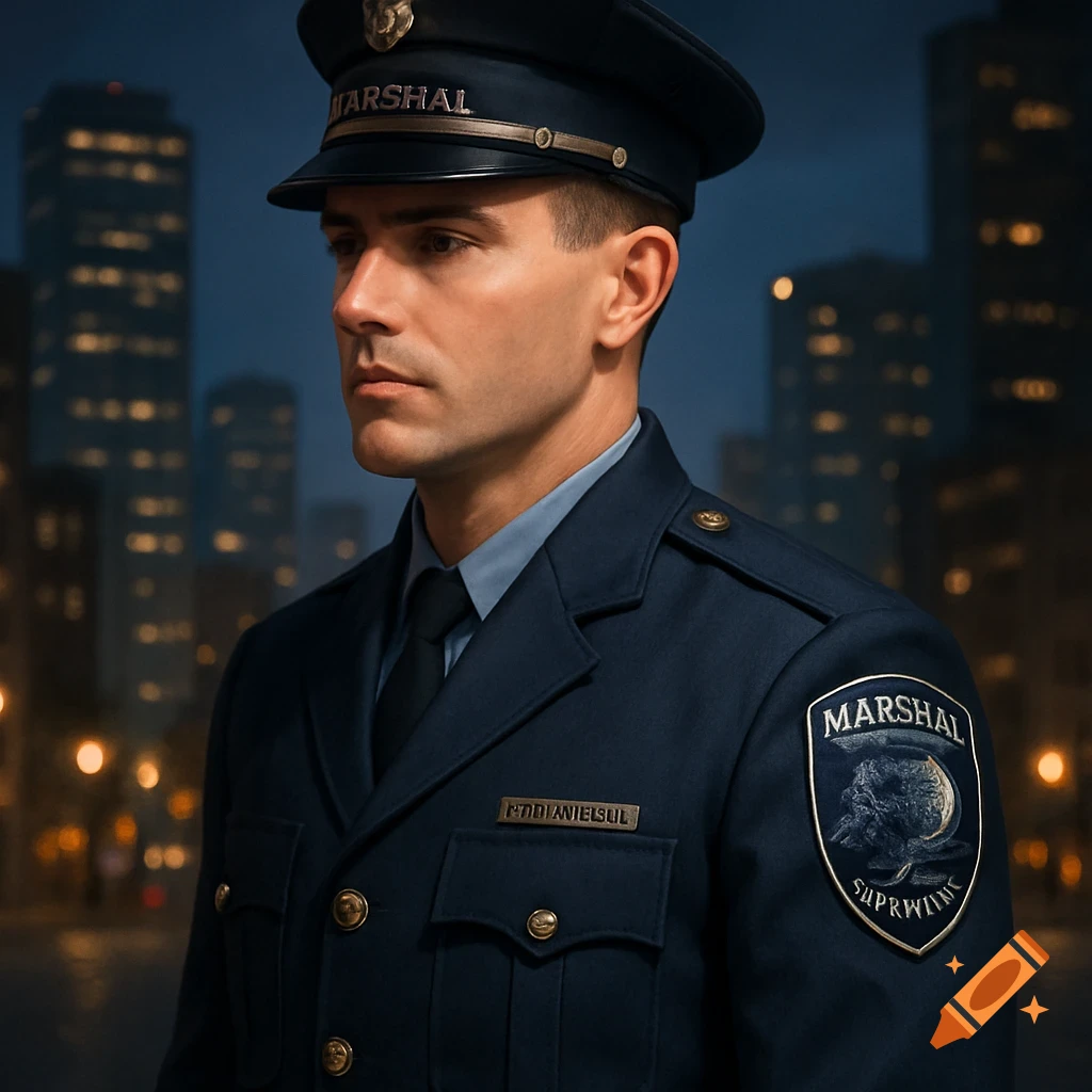 A photorealistic portrait of a man in a navy blue marshal's uniform, standing against a city skyline at dusk.