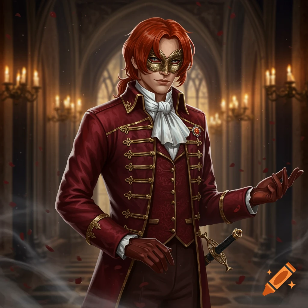 A red-haired man in a red noble coat and a gold masquerade mask stands in a gothic hall with candles.