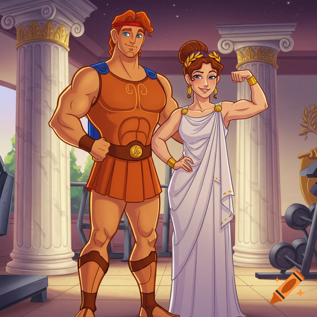 Cartoon of Hercules and his mother flexing in a gym with classical columns.