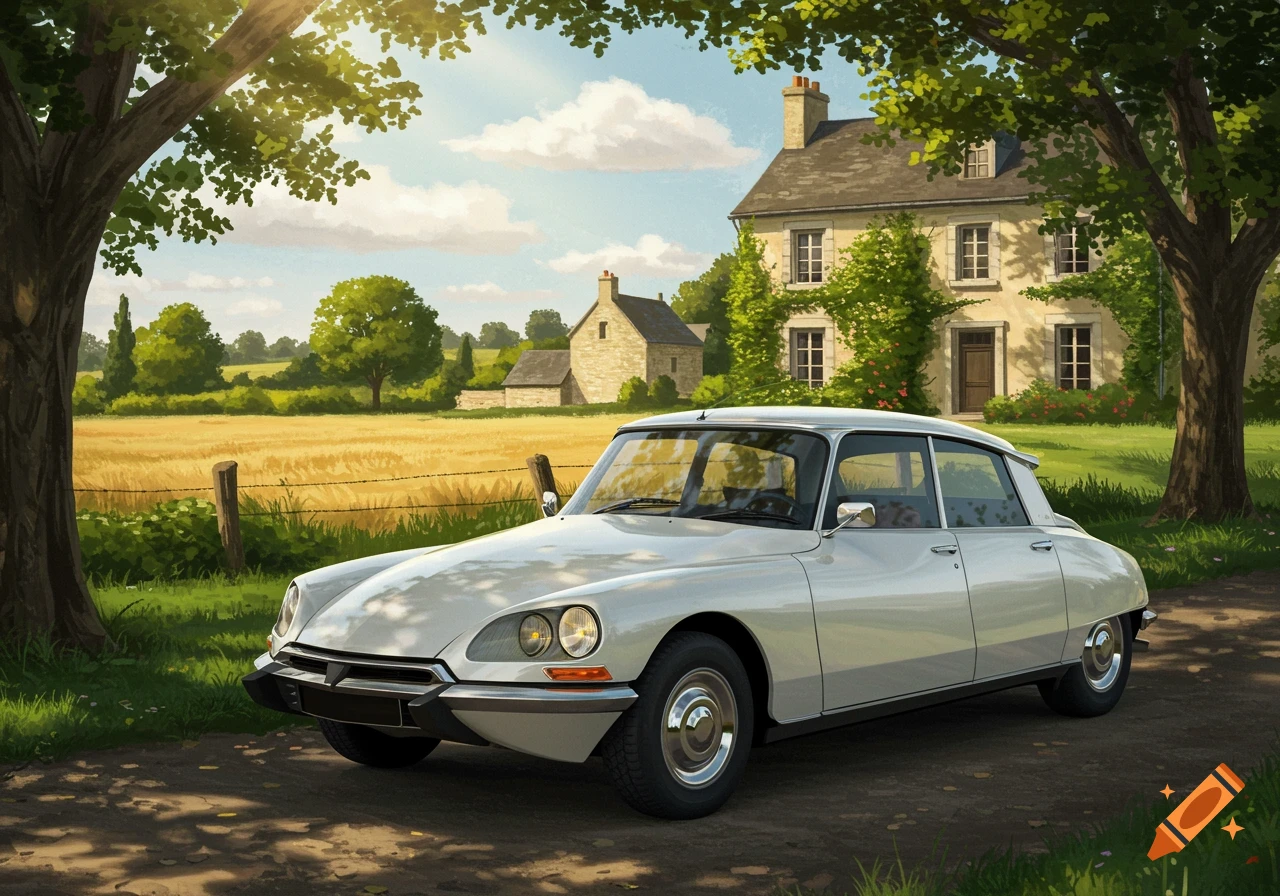 A white vintage Citroen DS car parked on a dirt road in front of a stone house and a golden field under a sunny sky.