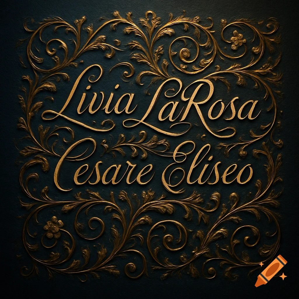 Elegant gold ornate nameplate with the names Livia LaRosa and Cesare Eliseo on a dark blue background.