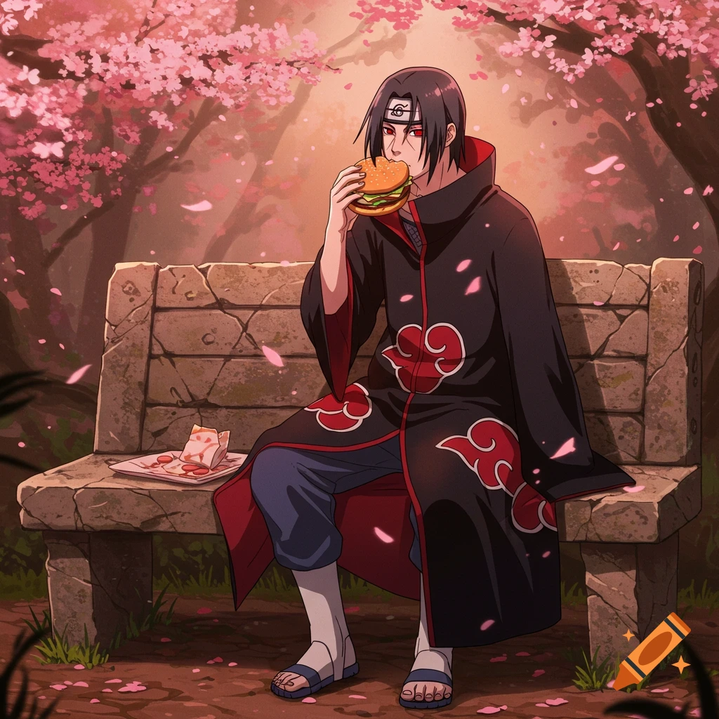 Anime illustration of Itachi Uchiha sitting on a stone bench under pink cherry blossoms, eating a burger.