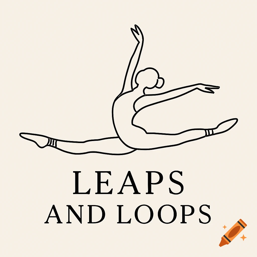 Minimalist line art logo of a dancer in a split leap with the words LEAPS AND LOOPS below.