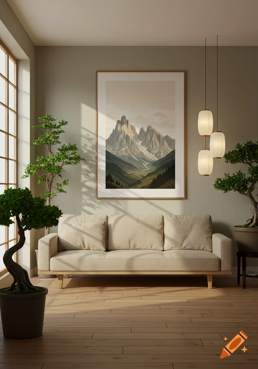 A serene Japandi living room with a beige sofa, a large window, potted bonsai trees, and a framed Dolomites mountain painting.