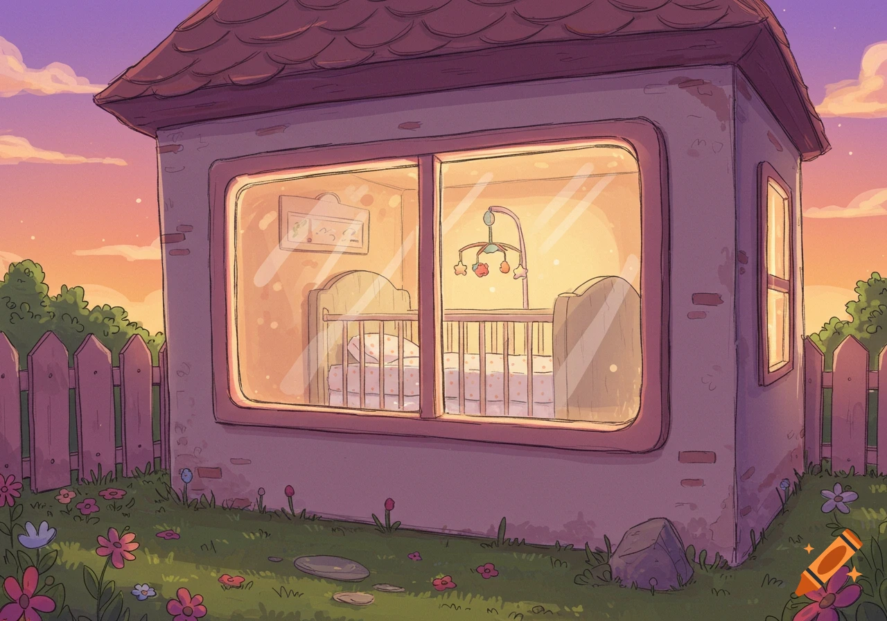 A cartoon house at sunset, viewed from a garden with flowers, revealing a crib in a window.