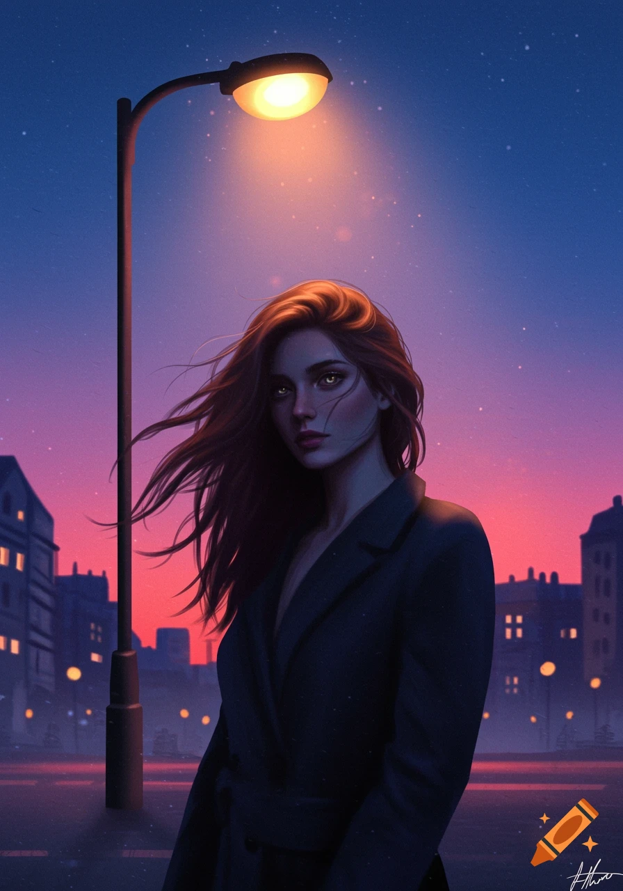 A digital art portrait of a woman with long flowing hair, standing under a glowing street light in a city at dusk.