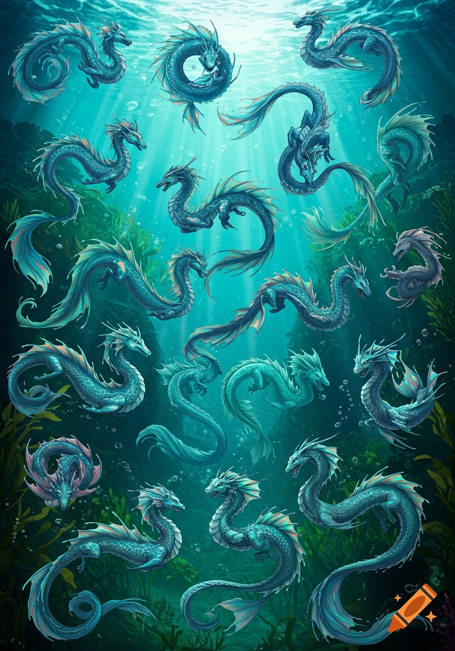 Multiple blue and green water dragons with flowing tails swimming in a vibrant underwater scene with light rays and seaweed.