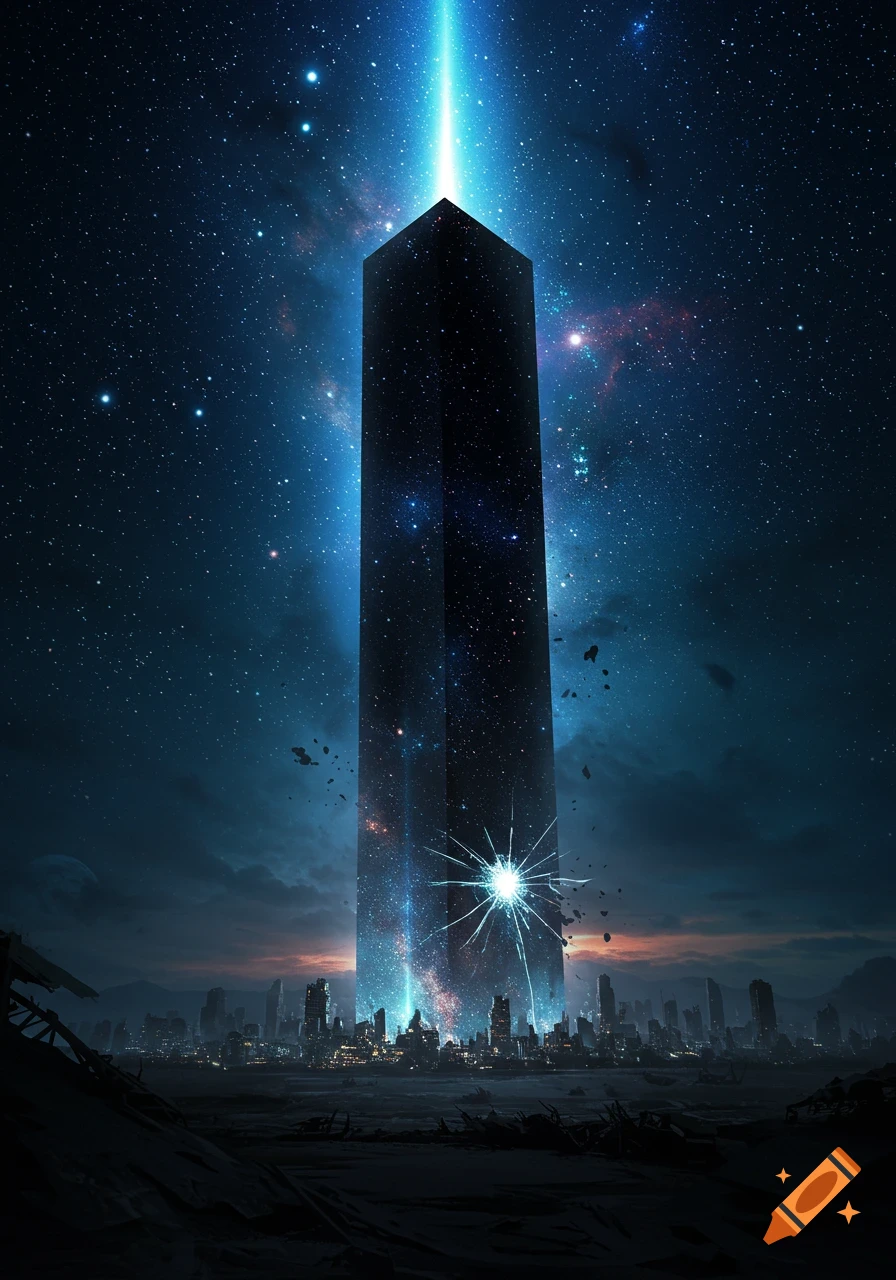 A tall, dark, monolithic structure pierces the night sky, beaming light into a starry galaxy, towering over a dark, destroyed futuristic cityscape.