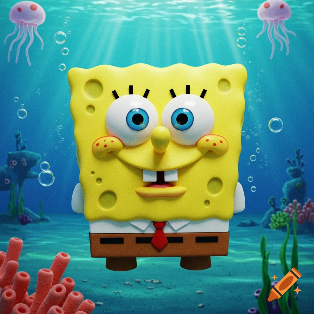 A large, smiling 3D render of SpongeBob SquarePants in an underwater scene with coral and jellyfish.