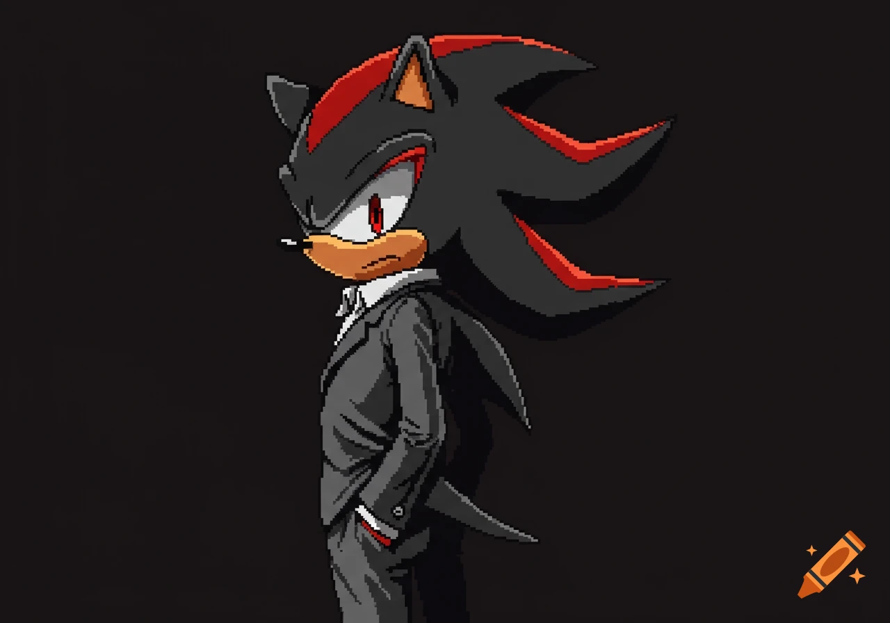 Pixel art of Shadow the Hedgehog in a grey suit, seen from the back with his head slightly turned to show his red eye.