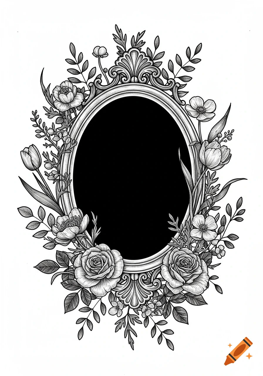 Black and white ornate oval frame surrounded by roses, tulips, and other flowers and vines in an illustrative style.