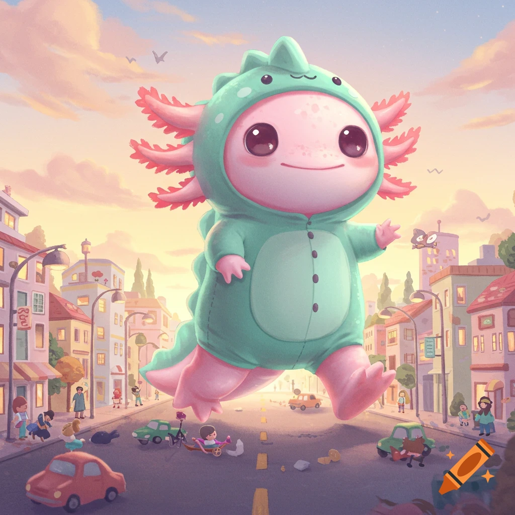 A gigantic, cute axolotl in a green dinosaur costume stomps through a tiny cartoon city at sunset.
