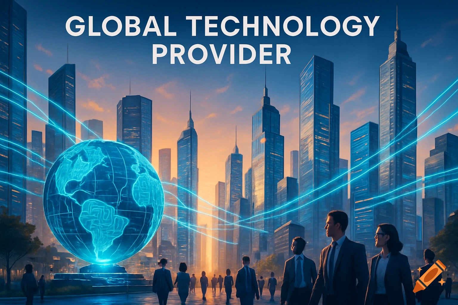 Photorealistic image of a futuristic cityscape with a large glowing blue digital globe and business people, text 'GLOBAL TECHNOLOGY PROVIDER'.