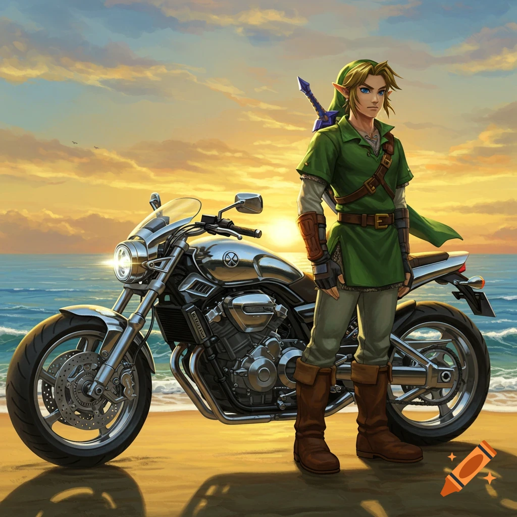 Link from Legend of Zelda stands beside a shiny motorcycle on a beach at sunset, in an illustrative style.