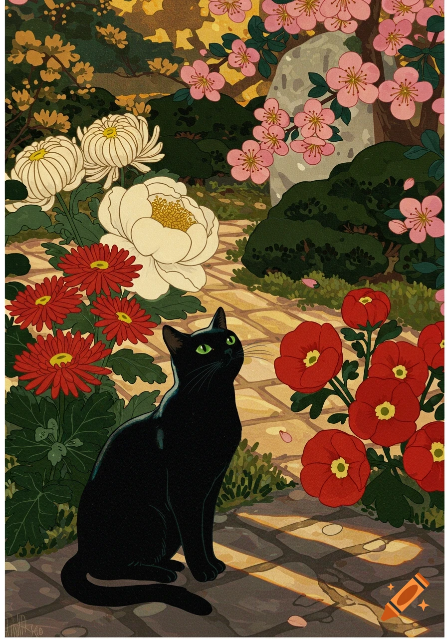 A black cat with green eyes sits in a stylized garden surrounded by white peonies, red chrysanthemums, and pink cherry blossoms.