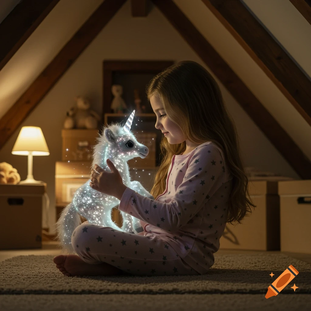 A young girl in pink pajamas sits on a rug in an attic room, gently holding a glowing, sparkling unicorn toy.