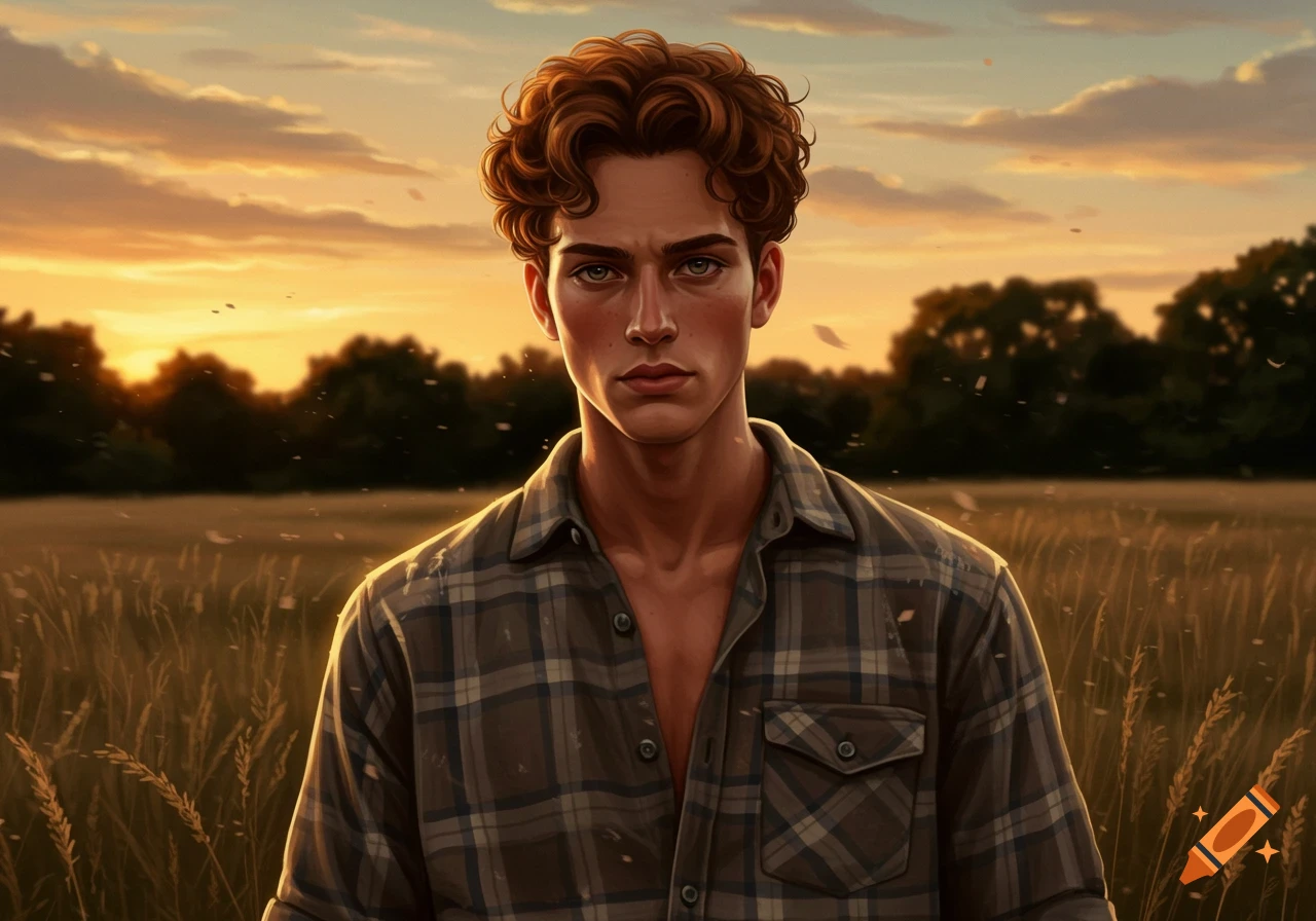 A young man with curly brown hair and a plaid shirt stands in a golden field at sunset, looking directly at the viewer.