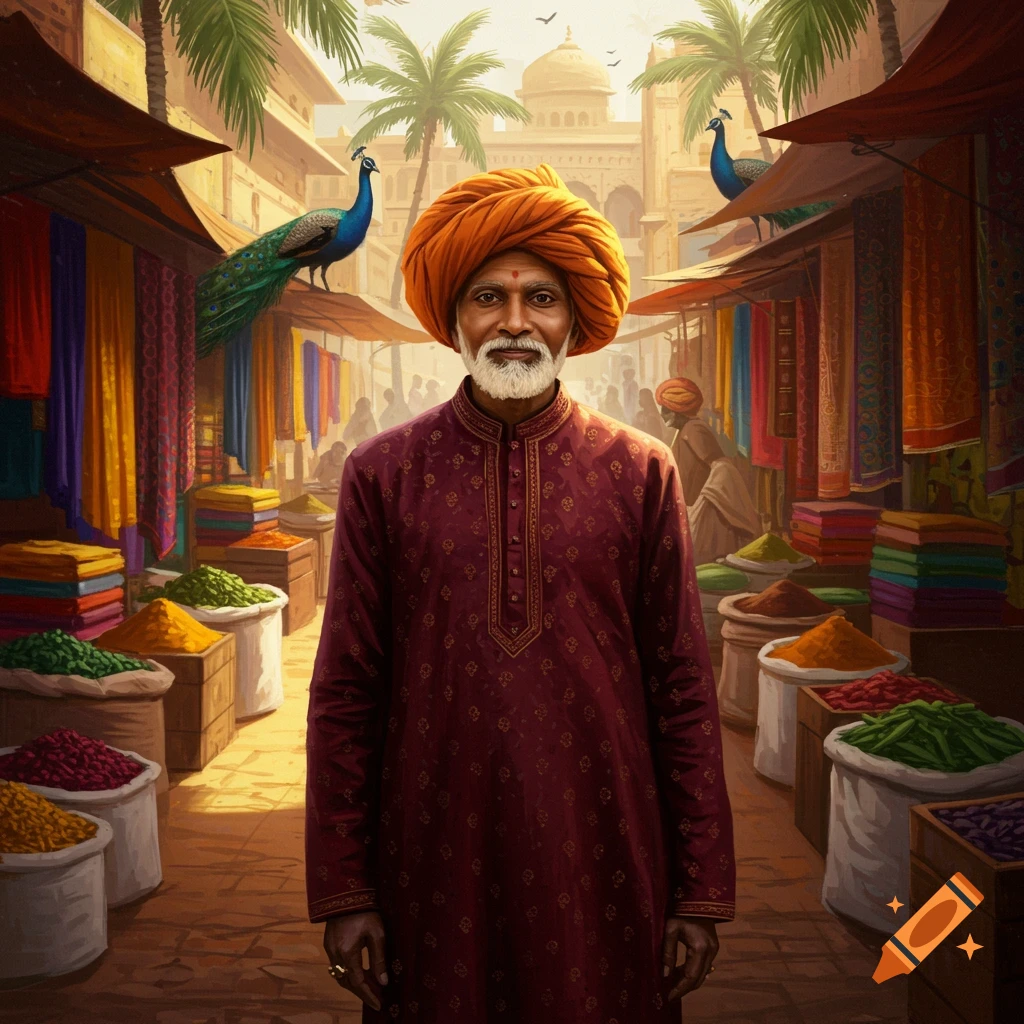 An elderly Indian man in an orange turban and maroon tunic stands in a vibrant market with colorful spices, textiles, and peacocks.