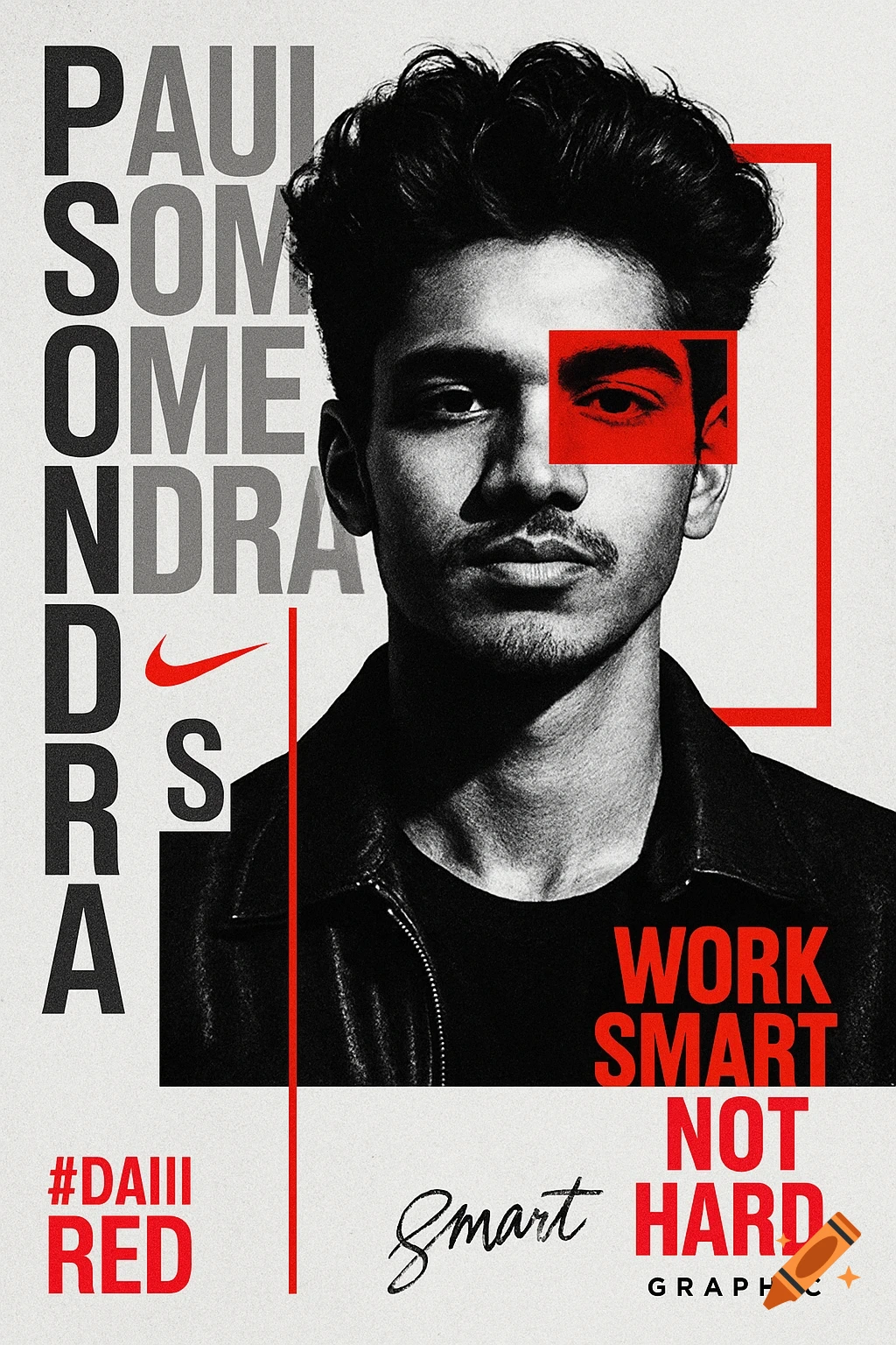 High-contrast black and white graphic portrait of a young man with a red rectangle over his eye, bold red and black text.