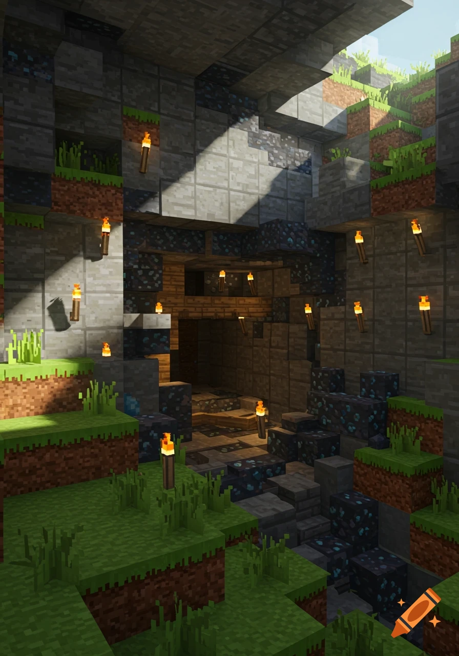 A Minecraft-style cave entrance illuminated by torches, with sunlight from above, showing grass, dirt, stone, and diamond ore blocks.