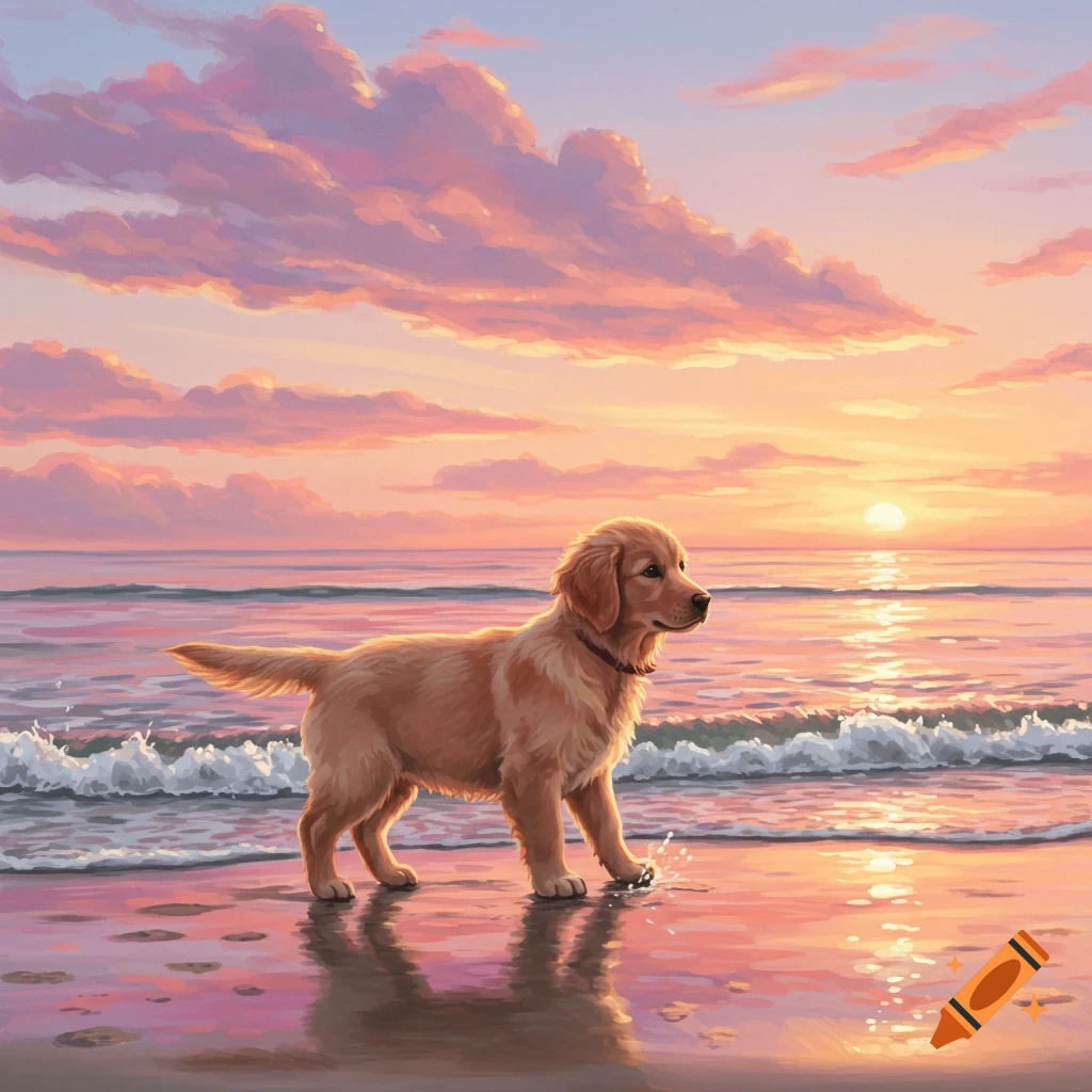 A golden retriever puppy walks on a beach at sunset, with pink and orange clouds reflecting on the wet sand, in a painted style.