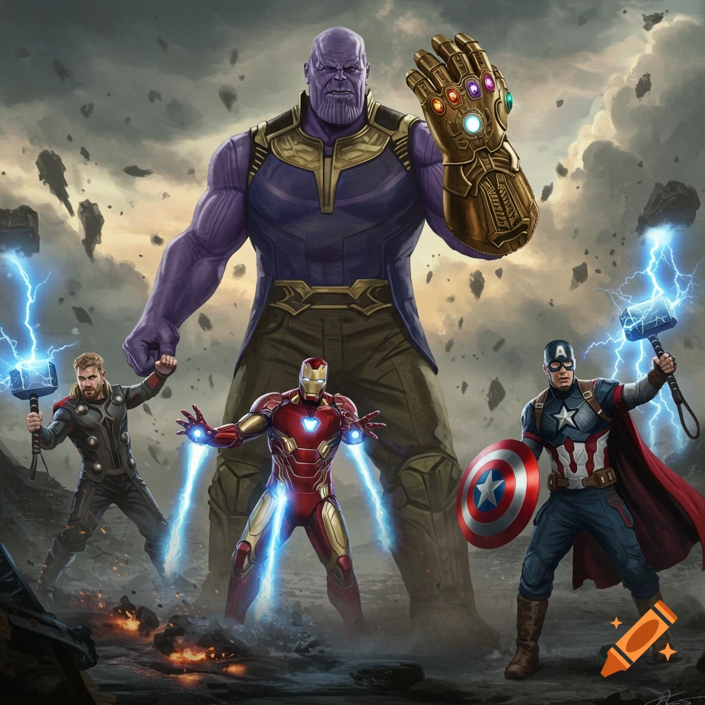Thanos battles Iron Man, Captain America, and Thor in a stormy scene. Thanos wears the Infinity Gauntlet, Thor has lightning.