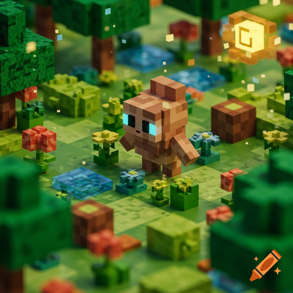 A cute, blocky creature with glowing blue eyes stands in a vibrant blocky forest, reminiscent of Minecraft.