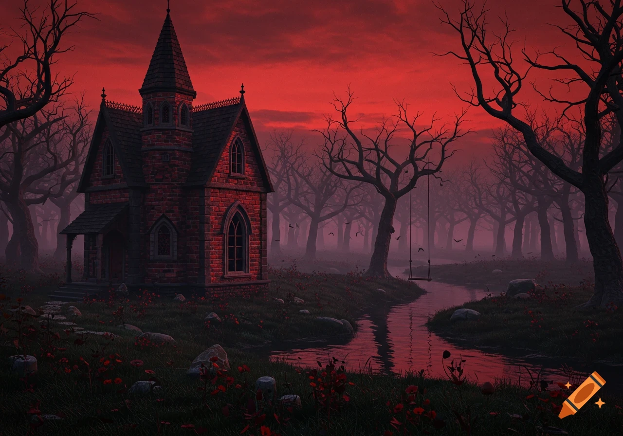 A gothic house with red bricks stands in an eerie forest with a river, a swing, and a dramatic blood-red sky.