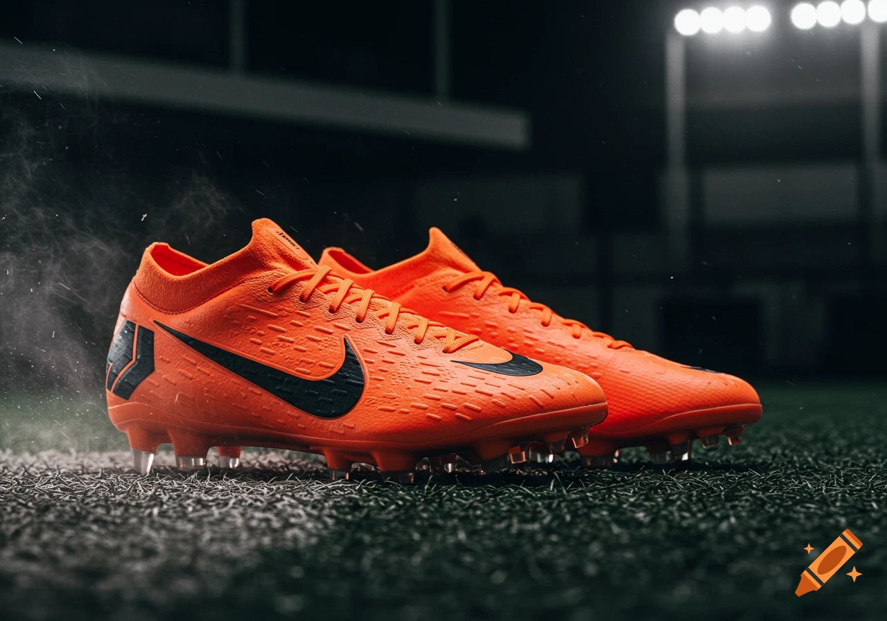 Orange Nike soccer cleats resting on a dark green turf field at night, illuminated by stadium lights with a fine mist around them.