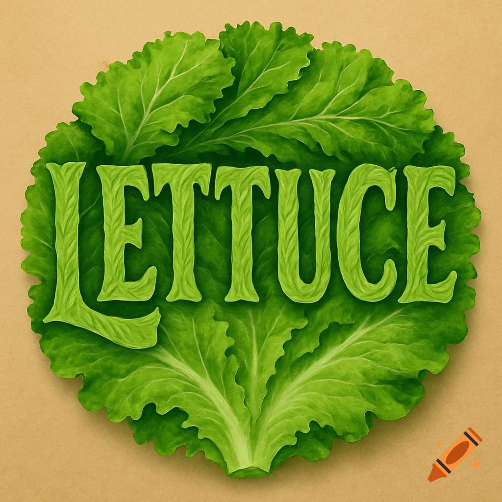 The word 'LETTUCE' formed by green lettuce leaves in a circular arrangement on a tan background.