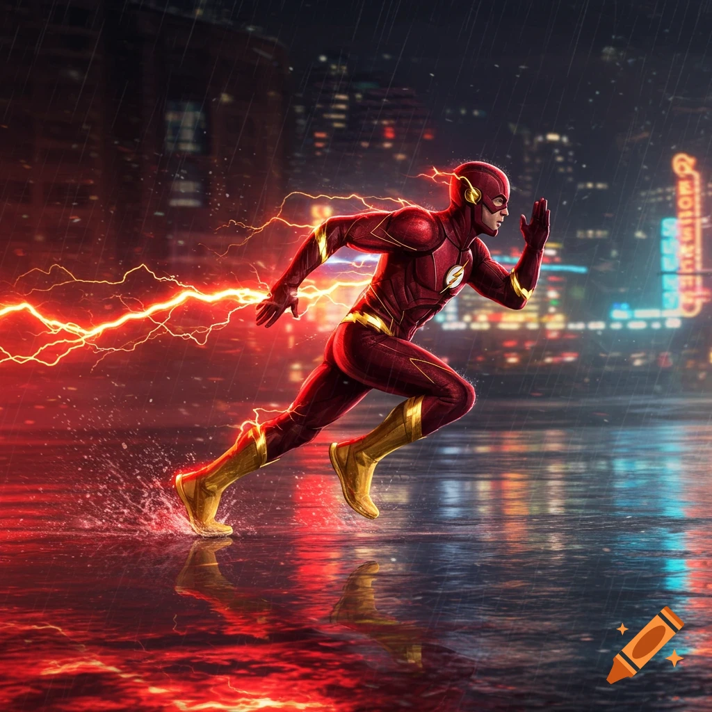The Flash runs through a rainy city street at night, trailing red lightning.