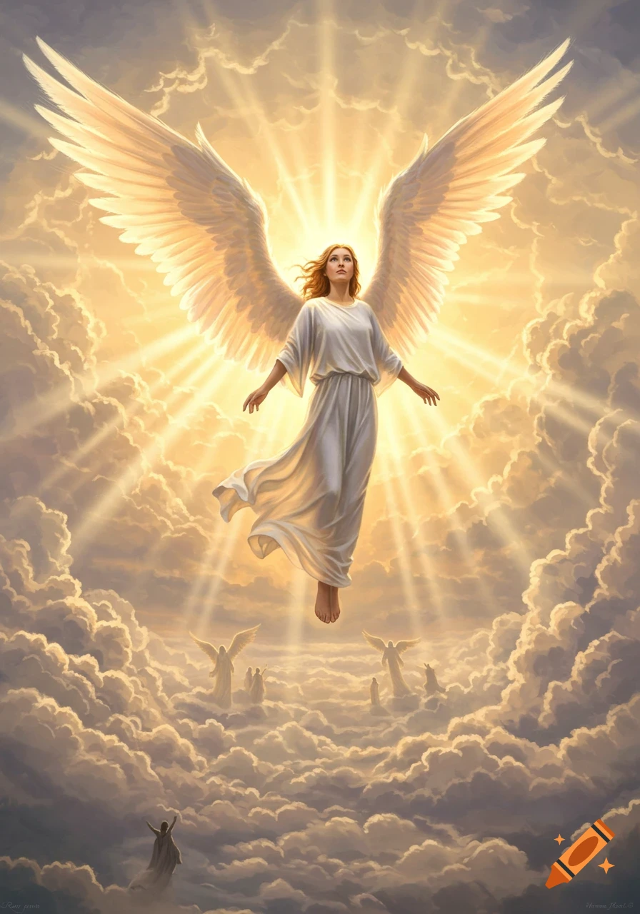 A radiant angel with large wings stands in a bright, cloud-filled sky, bathed in golden light.
