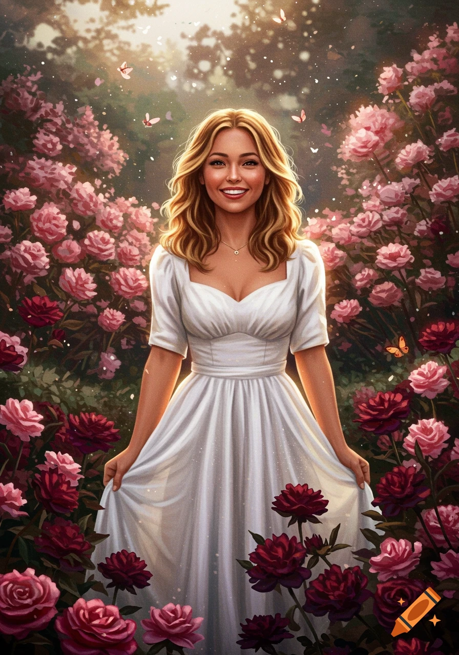 A smiling woman with blonde hair in a white dress stands in a vibrant garden filled with pink and red roses and butterflies. Digital painting.