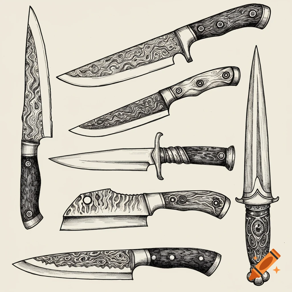 Detailed ink drawings of a collection of various knives with patterned blades and textured handles, on a light background.